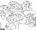 Groupe de six princesses du monde magique : Blanche-neige, princesse Aurore ou Belle au bois dormant, princesse Jasmine, Cendrillon, la petite Ariel Mermaid et la princesse Belle