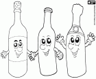 Trois bouteilles souriants de boissons. Une bouteille de vin, une bouteille de soda et une bouteille de champagne