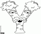 La lettre Y et est un monstre vieux et fatigué, vu de face. Le Y est un monstre avec une moustache et des yeux endormis