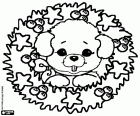 Un petit chien, un chiot avec la tête à l'intérieur d'une couronne de Noël