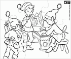 Casse-tête avec les elfes du père Noël, les lutins de Noël qui ont beaucoup de travail pour préparer les cadeaux