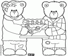 Un couple d'ours porter des vêtements élégants et drôles et avec un gâteau d'anniversaire pour représenter la lettre H