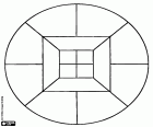 Un mandala circulaire conçu à partir de deux carrés divisée en quartiers, dans un cas à angle droit et l'autre en diagonale