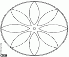 Un mandala circulaire géométrique ressemblant à une fleur à huit pétales et petit cercle au centre