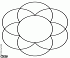 Le mandala d'une fleur simple tiré d'un cercle central et d'autre identiques six cercles autour qui ont leur centre sur le pourtour des central