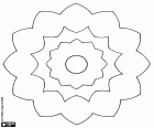 Un mandala d'une fleur composée de trois anneaux concentriques avec différentes formes et un petit cercle central