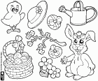 Une série de dessins sur les traditions séculaires de Pâques. Un poussin de Pâques, des œufs de Pâques, un lapin de Pâques ainsi que des éléments liés au printemps
