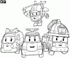 Les quatre personnages principaux de Robocar Poli : Robovan Amber, Robocopter Helly, Robotruck Roy et Robocar Poli
