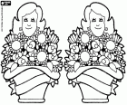 Un dessin double pour la fête des mères. Deux mamans avec deux paniers remplis de fleurs pour la fête de la mère