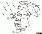 Caillou et la pluie. Caillou voit qu'il commence à pleuvoir. L'enfant est entièrement équipé pour la pluie parapluie, imperméable, bottes d'eau et chapeau