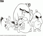 Chuck, Bomb et Red, les trois protagonistes du film Angry Birds avec un cochon. Le film Angry Birds