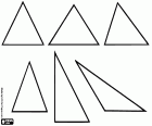 Dans cette collection de triangles, vous pouvez trouver les types de triangles. Ci-dessus les trois types de triangle, classées en fonction de ses côtés : un triangle équilatéral (tous les trois côtés égaux), un triangle isocèle (deux côtés égaux), un triangle scalène (trois côtés différents). Ci-dessous les trois types de triangle, classées en fonction de ses angles : un triangle aicutangle (trois angles aigus), un triangle rectangle (angle droit), un triangle obtusangle (un angle obtus)