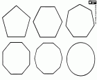 Une collection de polygones réguliers avec plus de quatre côtés et un cercle. Pentagone ou polygone à cinq côtés, hexagone ou polygone à six côtés, heptagon ou polygone à sept côtés, octogone ou polygone à huit côtés et decagon ou polygone à dix côtés