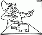Un nain éclater de rire avec les pièces de monnaie et le cochon tirelire sur la table