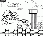 Une scène d’un jeu vidéo Super Mario. Le personnage principal est Mario sautant par-dessus son ennemi Goomba sous le regard des nuages souriants