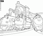 Trois locomotives qui sort de la gare de Chuggington, ils sont Bruno, Wilson et Koko