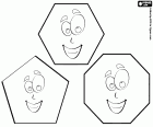 Trois polygones réguliers avec un grand sourire, un pentagone, un hexagone et un octogone