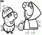 Les deux petits cochons, les frères Pig, Peppa et Georges avec leurs costumes et les citrouilles d’Halloween