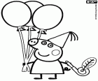 Peppa Pig sur sa fête d’anniversaire avec des ballons gonflables et un chapeau de papier