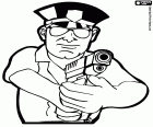 La police pointant le pistolet. L’agent de police est l’un des protagonistes de l’aventure du Crime et la Justice
