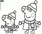 Les frères Peppa Pig et George Pig avec des vêtements chauds en hiver. Peppa et George à porter manteau, bonnet et écharpe
