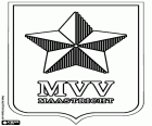 Emblème du Maastrichtse Voetbal Vereniging Maastricht, MVV Maastricht,  club de football dont le siège est à Maastricht, ville située au bord de la rivière de la Meuse et bordée avec la Belgique et à proximité de la frontière allemande. Maastricht est la capitale de la province de Limbourg et un historique de la ville d’intérêt touristique