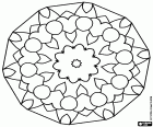 Un mandala de forme polygonale avec une fleur centrale et le anneau extérieure principale formée par une séquence de coeurs et de cercles