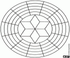 Un cercle chromatique pour la théorie de la couleur. Cette Fiche pédagogique est formée par une étoile centrale pour les trois couleurs de base et leurs complémentaires. Six cercles concentriques, divisées en secteurs autour de l’étoile pour les dégradés de couleurs et de mélanges
