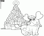 Le chien est très heureux sur les fêtes de Noël. Dans ce Coloriage le chien se trouve à côté de l’arbre de Noël