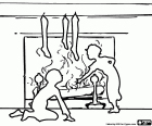 Une scène à contre-jour avec deux enfants anxieux à l’avant sur le feu en attendant l’arrivée des cadeaux de Noël. Chaussettes pour cadeaux sont accrochés sur la cheminée