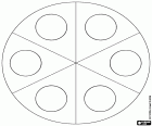 Diagramme chromatique pour six combinaisons de couleurs. Un cercle divisé en six parties égales avec un plus petit six cercles