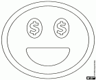L’émoticône du bonheur avec l’argent. Smiley pensant à l’argent que peut obtenir. Un visage de Smiley souriant avec un grand sourire et les symboles du dollar aux yeux