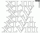 Dans notre collection de coloriages sur le système numérique romain, nous avons ici les numéros 43, 44, 45, 46, 47 et 48
