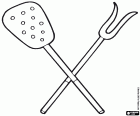 Deux ustensiles de cuisine pour le barbecue. Une spatule ou une cuillère fendue et une fourchette à viande. Les ustensiles de barbecue ont de longs manches pour éviter les brûlures