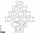 Une feuille didactique avec chiffres romains pour le 500 D, six cents DC, sept cents CDC, huit cents DCCC, neuf cents CM et mille M