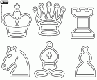 Les six symboles représentant les six types de pièces d’échecs. Roi, Reine, Tour, Cavalier, Fou et Pion