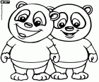 Deux amis pandas souriants en tee-shirts et shorts, deux pandas de Panfu