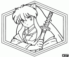Un portrait de Inuyasha dans un cadre hexagonal. InuYasha est le protagoniste principal et en même temps est un anti-héros