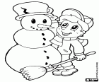 Une bonne activité pour les enfants en hiver est de faire un bonhomme de neige. Dans ce Coloriage, nous voyons un enfant terminant son bonhomme de neige avec une casserole comme chapeau et un balai