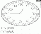 00:45 et 12:45, il est une heure moins le quart,une feuille didactique pour apprendre les heures d’horloge. Une horloge avec les aiguilles indiquant midi ou minuit et quarante-cinq minutes. Il comprend les nombres des heures au format 24 heures
