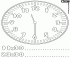 11:30 et 23:30, il est onze heures et demie, trente minutes après onze heures, une Fiche pédagogique pour apprendre les heures sur l’horloge, comprennent les heures en format numérique