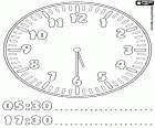 05:30 et 17:30, il est cinq heures et demie du matin ou d’après-midi, cinq heures et trente minutes, dans un dessin à colorier pour apprendre les heures