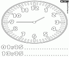 01:45 et 13:45, dans cette horloge il est deux heures moins le quart de la nuit ou d’après-midi, une page à colorier pour apprendre les heures sur l’horloge