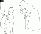 Les silhouettes de Hansel et Gretel à rencontrer face à face avec la sorcière