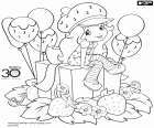 Charlotte aux fraises ou Fraisinette dans la fête d’anniversaire, avec ballons et décorations de fraises. Le personnage de Strawberry Shortcake est une création originale de Muriel Fahrion
