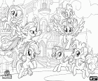 Les poneys d’Equestria à leur premier Festival de l’amitié. Twilight avec Spike le dragon et ses amies Pinkie Pie, Rainbow Dash, Rarity, Applejack et Fluttershy