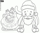 La pieuvre Pypus comme le Père Noël avec chapeau et barbe à côté du traîneau plein de cadeaux