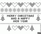 Une page à colorier avec un dessin de broderie à point de croix avec des éléments décoratifs de Noël (comme des coeurs, des étoiles et des sapins) et avec le texte en anglais, Joyeux Noël et une Bonne Année, Merry Christmas and a Happy New Year 