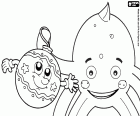 Coloriage pour fêter un joyeux Noël avec Pypus et une boule de Noël, les deux sourient