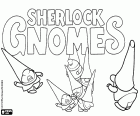 Un groupe de gnomes avec le logo du nouveau film de Gnomeo et Juliette, Sherlock Gnomes
